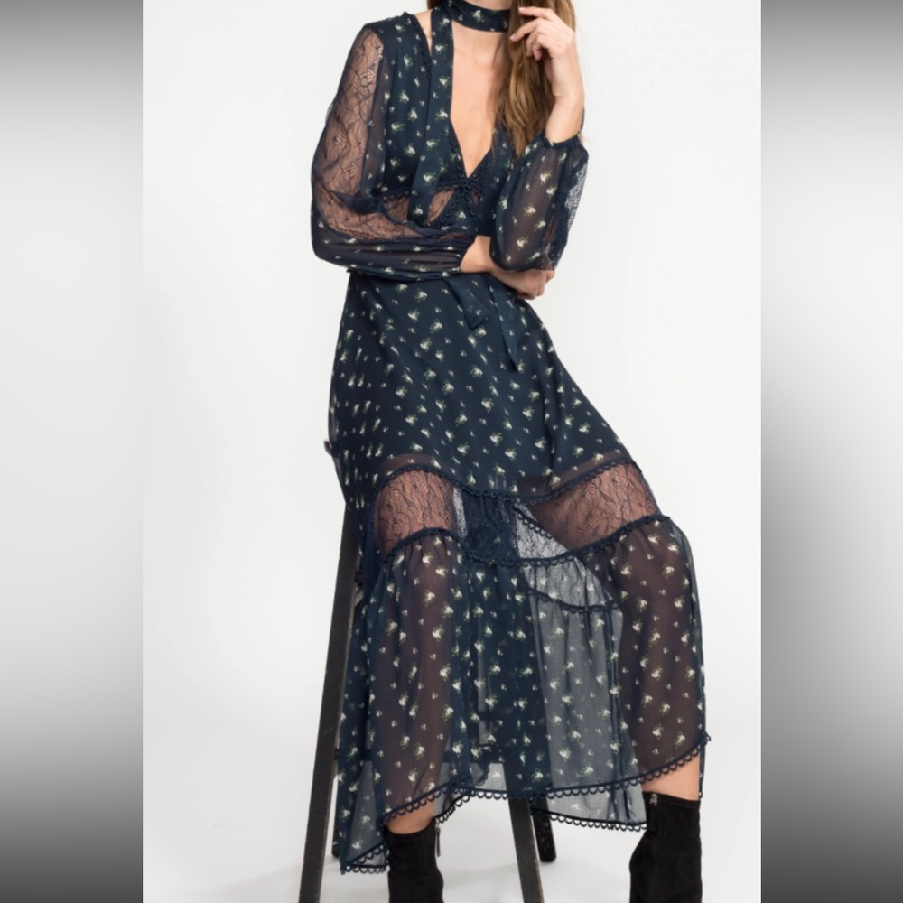 Lucy Paris navy lace long sleeve ditsy floral maxi dress small dark romantic